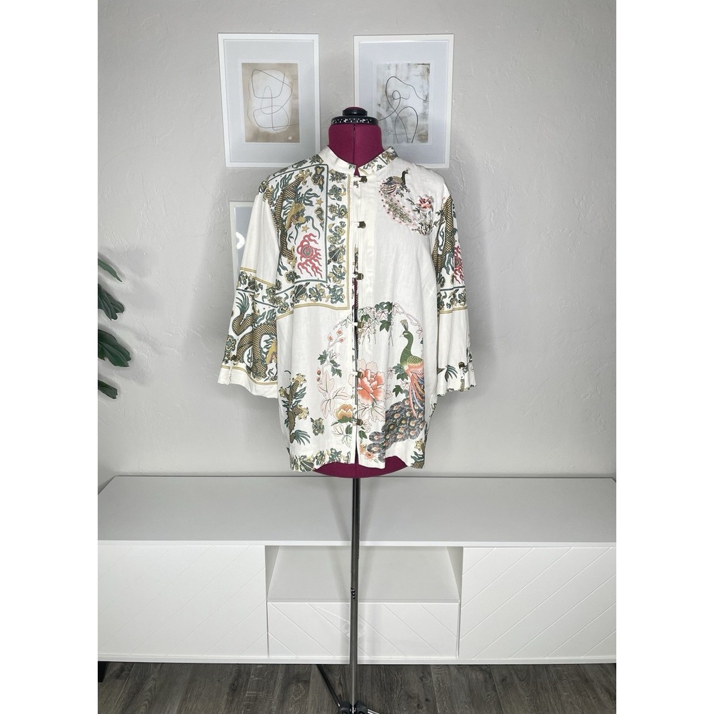 CITRON Santa Monica Top Women's 1X Asian Dragon‎ Peacock Silk Linen Snap Button
